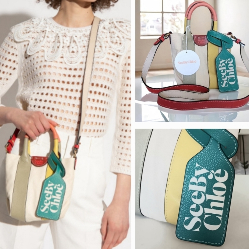 SEE BY CHLOÉ 💞 NWT Laetizia Mini Contrast-Trim Linen Tote Bag/ BNWT